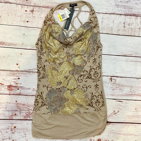 Baby Phat Tan/Gold/Studded 'Seductive Dream' Open Back Mini Halter Dress NWOT - Picture 8 of 12